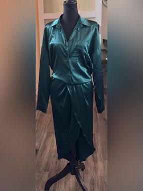 Satin Pencil Skirt and Shirt Set - Deep Teal